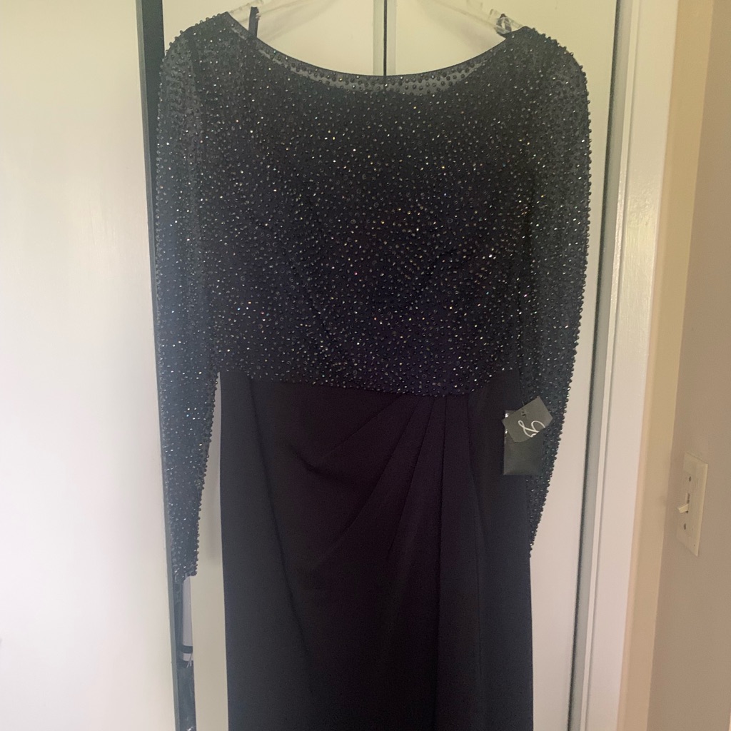 La Femme Navy Bateau Beaded Long Sleeve Sheath Dress